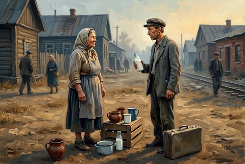 Торговка молоком говорит с Игнатичем.