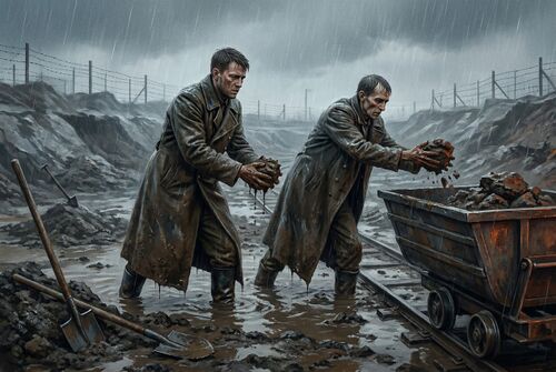 Рассказчик и Гаммеров грузят мокрую глину руками