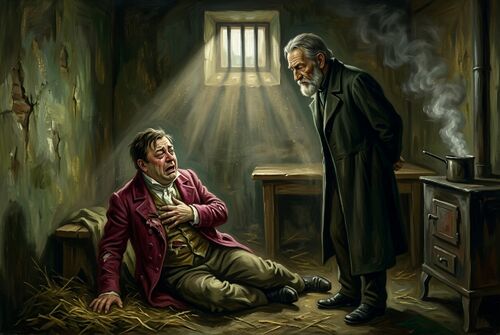 Муразов призывает плачущего Чичикова подумать о душе
