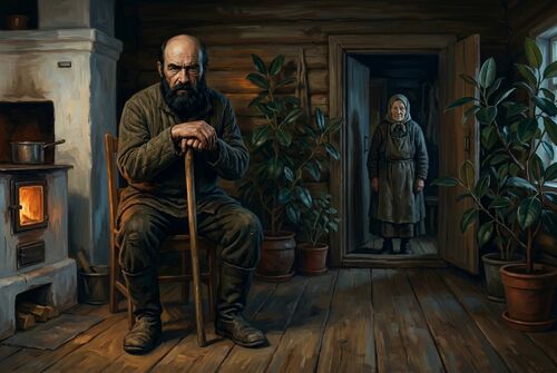 Фаддей сидит в избе Матрёны.