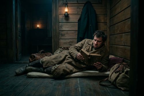 Слуга Петрушка читает книгу в передней Чичикова.