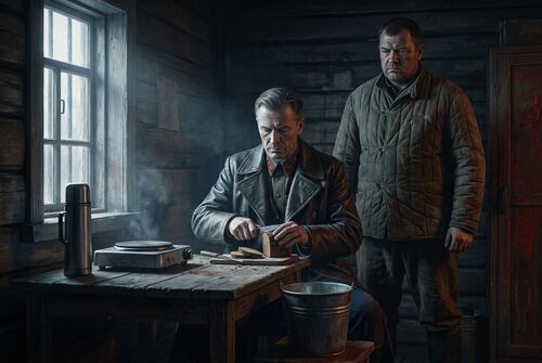 Беляев обрезает хлеб перед голодным Прохоровым