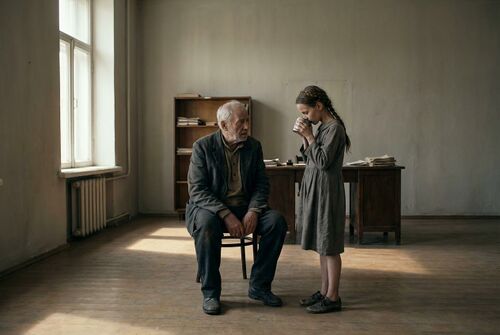 Сторож даёт голодной Ольге доесть свою хлебную тюрю