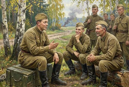 Тёркин говорит товарищам о долге солдата
