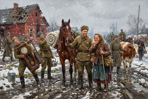 Солдаты снаряжают русскую старушку в дорогу домой