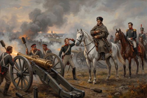 Багратион подъезжает к батарее Тушина, где маленький капитан, не замечая генерала, командует стрельбой.