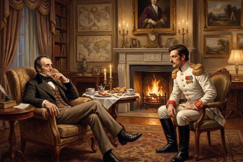 Князь Андрей и дипломат Билибин обсуждают в кабинете значение русской победы на фоне взятия Вены Наполеоном.